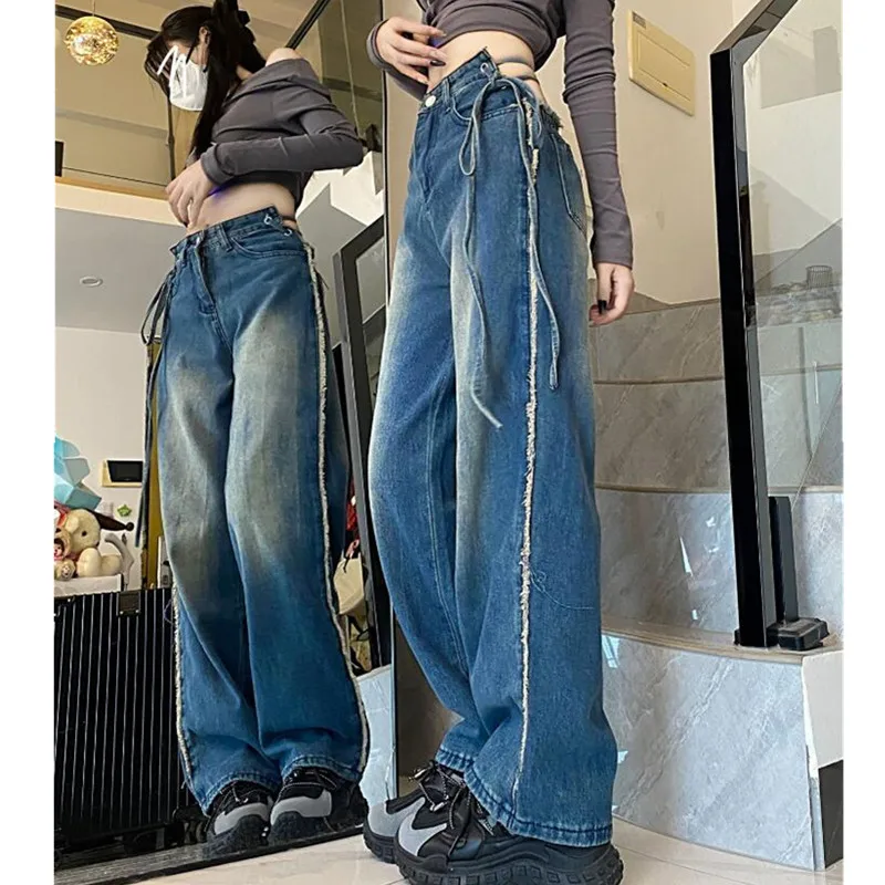 Vintage Sexy Lace Up High Waist Wide Leg Jeans Women Streetwear Tassel Design Loose Denim Straight Pants s794
Vintage Sexy Lace Up High Waist Wide Leg Jeans Women Streetwear Tassel Design Loose Denim Straight Pants s794