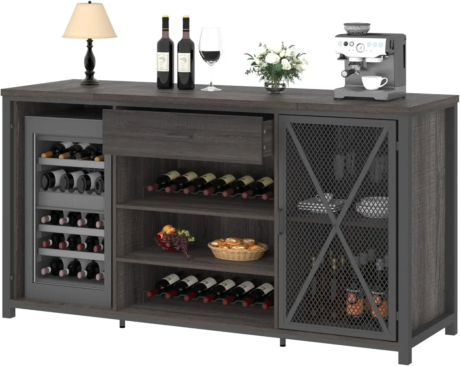 Long bar cabinet with refrigerator space, drawer storage, wooden metal large wine cabinet with shelves
Long bar cabinet with refrigerator space, drawer storage, wooden metal large wine cabinet with shelves