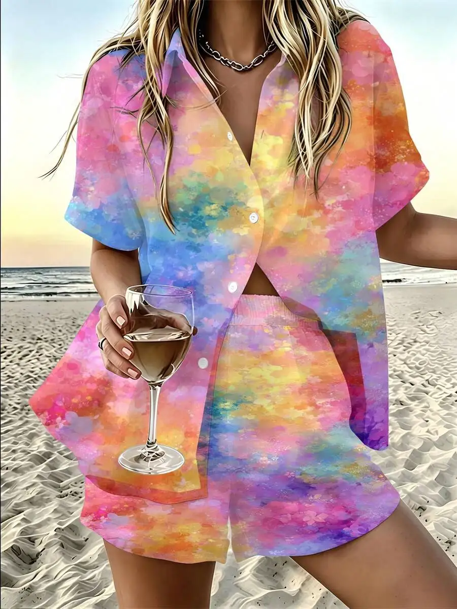 Womens Watercolor Rainbow Tie Dye Short Sleeve Shirt And Shorts Set Summer Lightweight Casual Travel Outfit
Womens Watercolor Rainbow Tie Dye Short Sleeve Shirt And Shorts Set Summer Lightweight Casual Travel Outfit