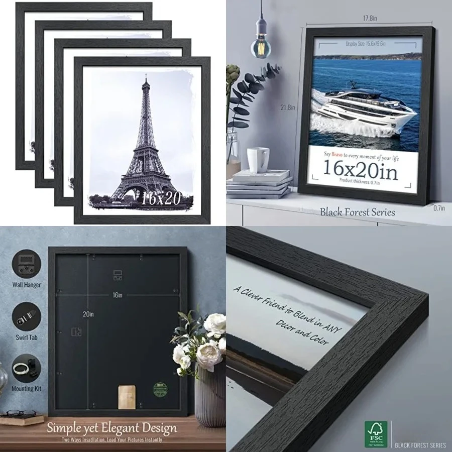 16x20 Poster Frame 4 Pack, Black Solid Wood Picture Frames with Exclusive Woodgrain, Wall Gallery Frame
16x20 Poster Frame 4 Pack, Black Solid Wood Picture Frames with Exclusive Woodgrain, Wall Gallery Frame