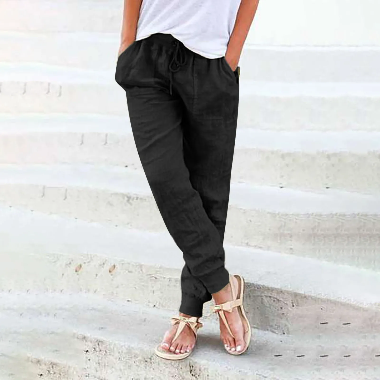 Casual Trousers Women Tapered Pants Drawstring Elastic Waist Pants With Pockets Solid Color Cotton Linen Harlan Slacks Beach
Casual Trousers Women Tapered Pants Drawstring Elastic Waist Pants With Pockets Solid Color Cotton Linen Harlan Slacks Beach