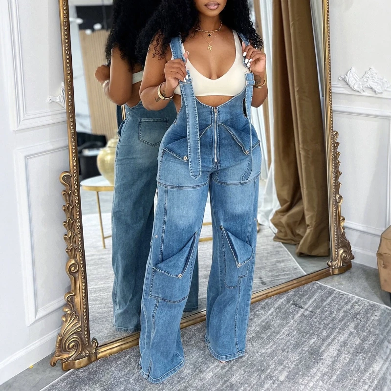 High-waisted Denim Overalls Women's Fashion Loose Casual Wide-leg Jumpsuit Straps Zipper Patchwork Trouser Jeans Spring Autumn
High-waisted Denim Overalls Women's Fashion Loose Casual Wide-leg Jumpsuit Straps Zipper Patchwork Trouser Jeans Spring Autumn