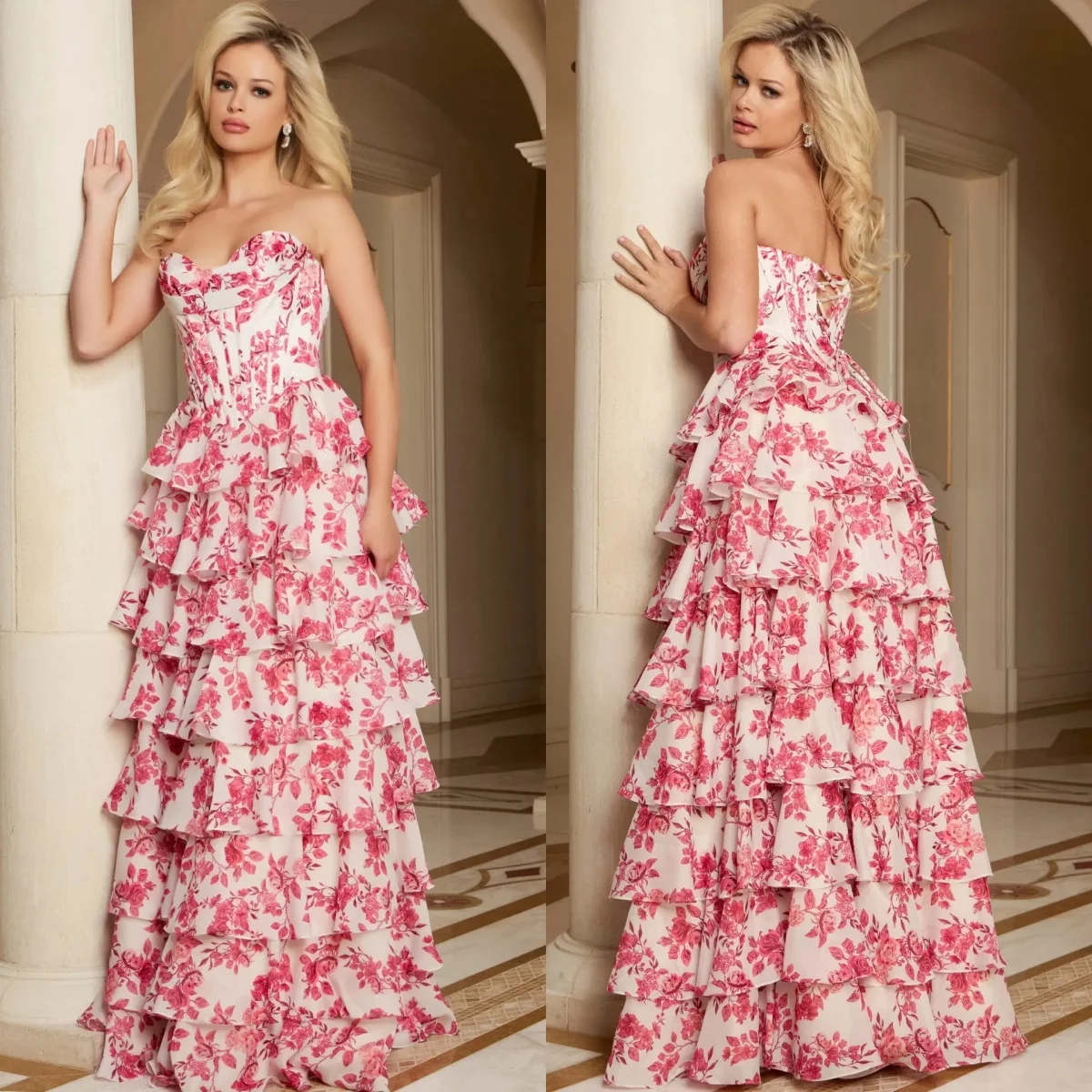 Romantic Women Evening Dresses Floral Printed Sleeveless Prom Gowns Tiered Ruffles Floor Length Customized Wedding Guest Gowns
Romantic Women Evening Dresses Floral Printed Sleeveless Prom Gowns Tiered Ruffles Floor Length Customized Wedding Guest Gowns