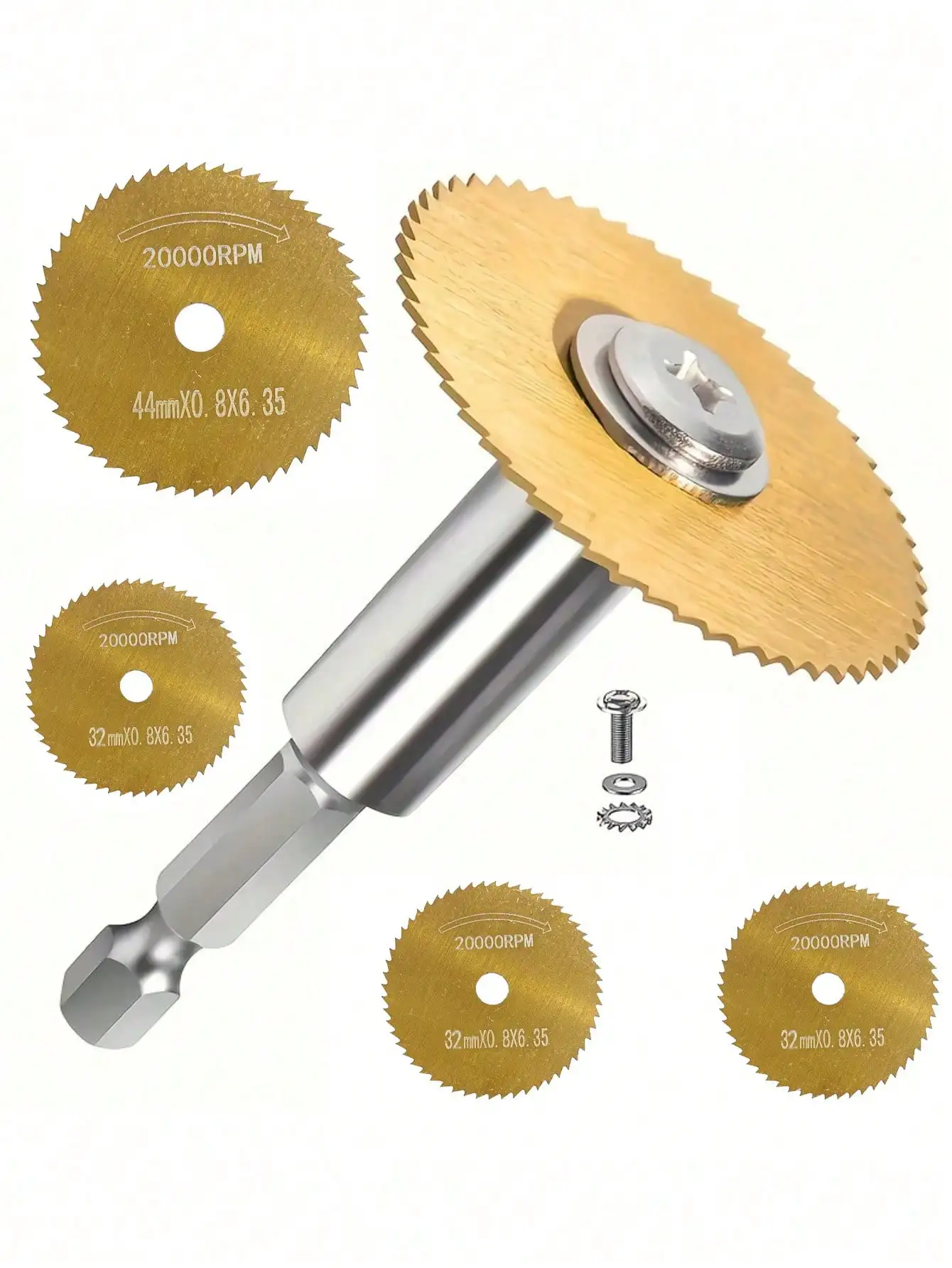 3.17" Titanium Coated High Speed Steel Circular Saw Blade Set - 20,000 RPM High Speed, 3.17" Cutting Diameter, Hex Shank Fit Rot
3.17" Titanium Coated High Speed Steel Circular Saw Blade Set - 20,000 RPM High Speed, 3.17" Cutting Diameter, Hex Shank Fit Rot