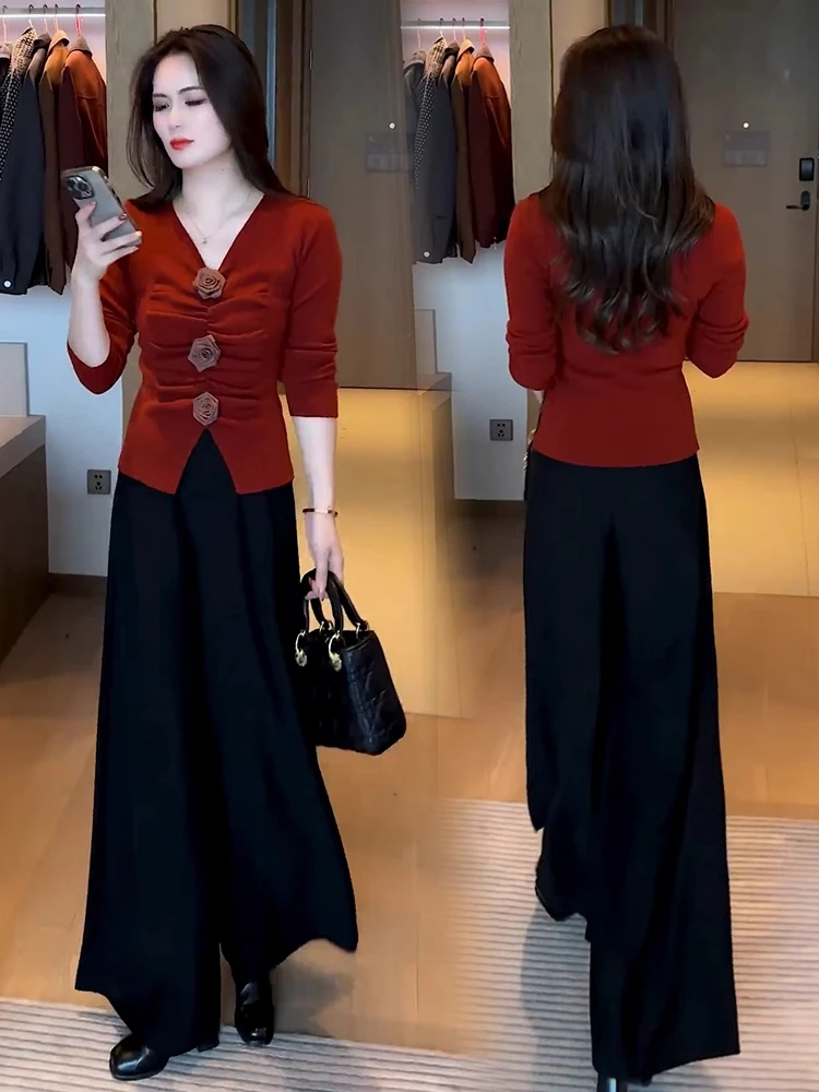 Fashionable Floral Print Slimming Wide Leg Pants Women's Set Spring Autumn New Style Two Piece Suite V Neck Long Sleeve Top
Fashionable Floral Print Slimming Wide Leg Pants Women's Set Spring Autumn New Style Two Piece Suite V Neck Long Sleeve Top