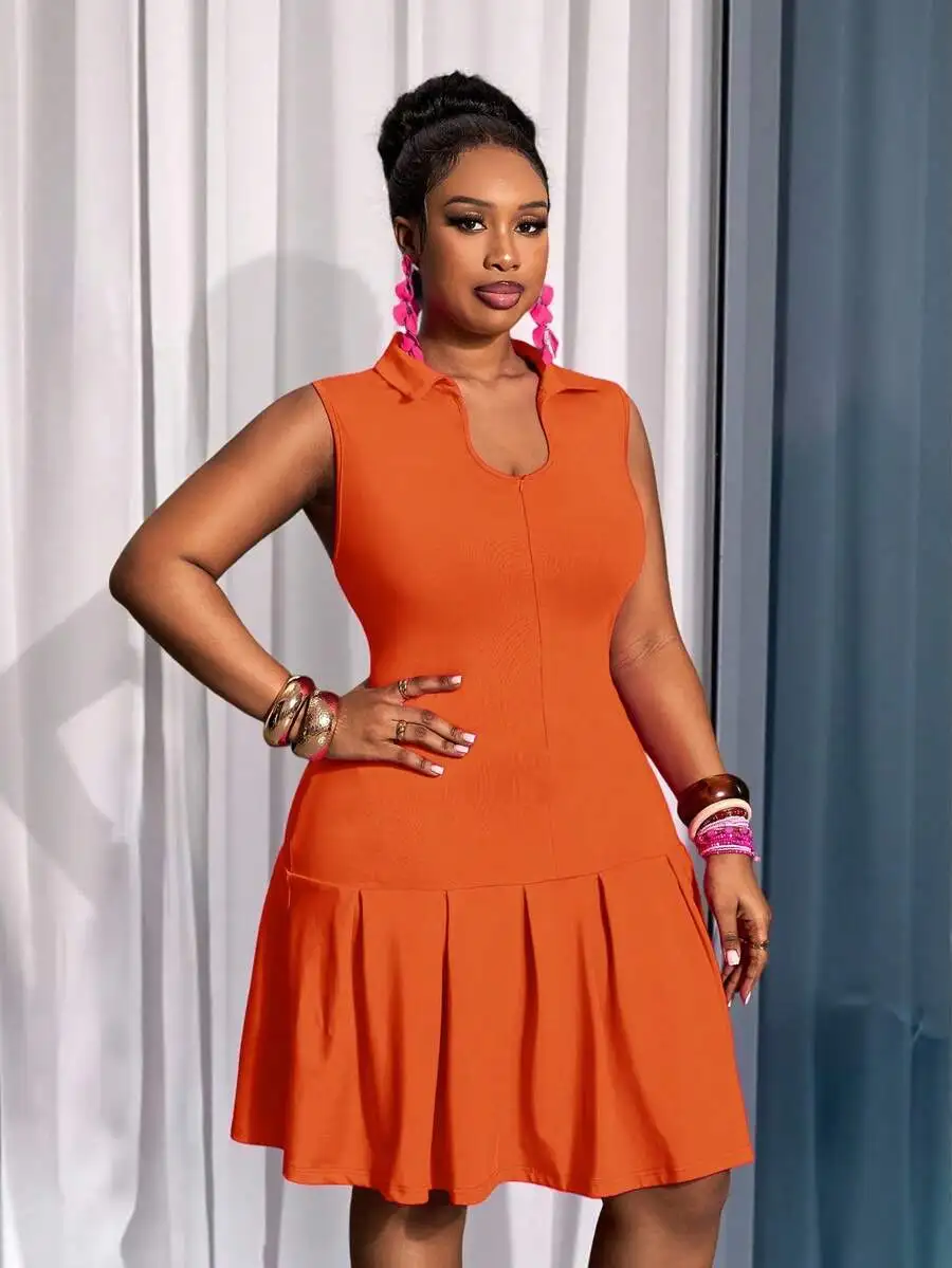 Orange Pleated Mini Dress Sleeveless Collar Neck Solid Color Summer Casual Party Wear
Orange Pleated Mini Dress Sleeveless Collar Neck Solid Color Summer Casual Party Wear