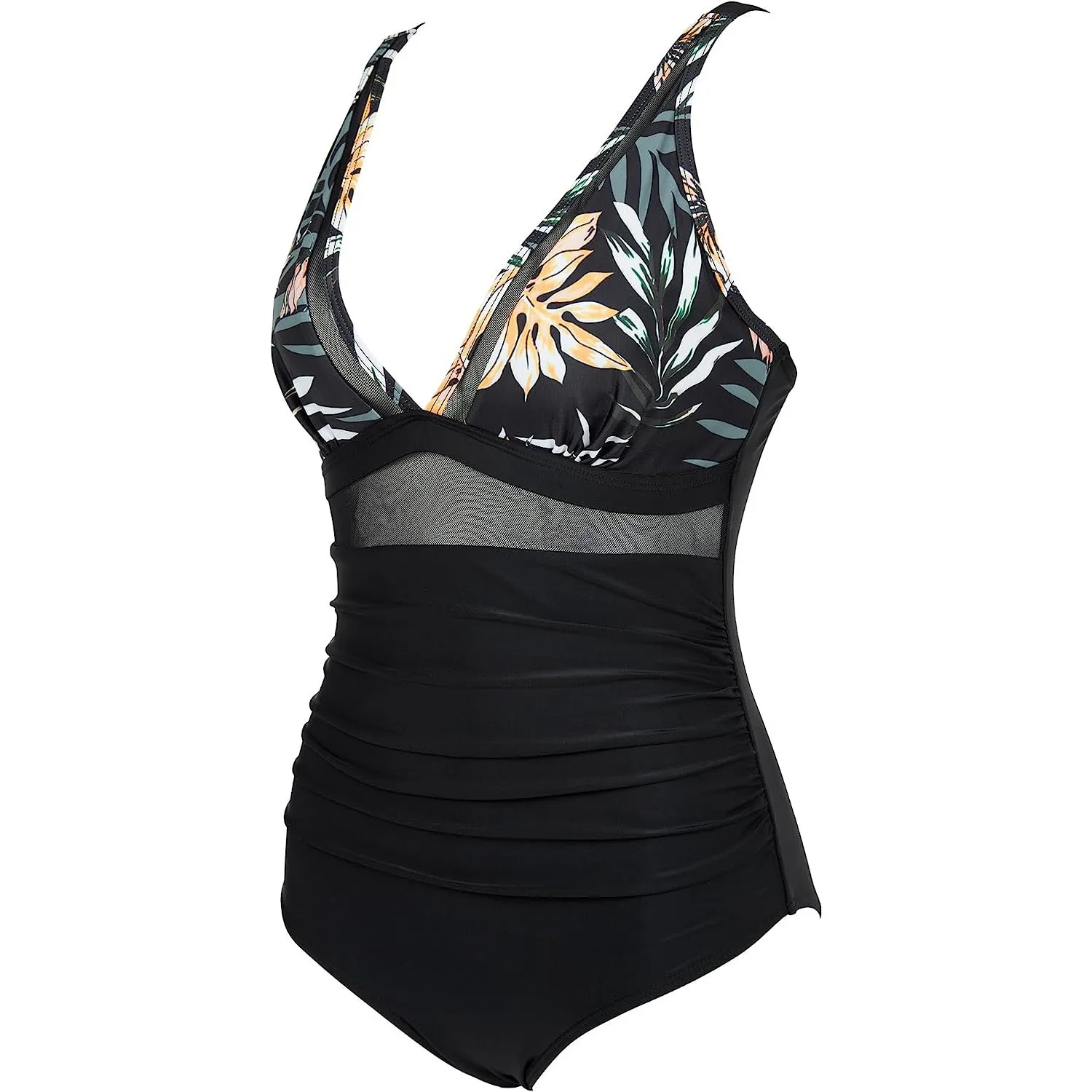 Black High Waist Sleeveless Swimsuit V Neck Ruched Waist Mesh Panel Bathing Suit with Floral Print Tropical Leaf Design
Black High Waist Sleeveless Swimsuit V Neck Ruched Waist Mesh Panel Bathing Suit with Floral Print Tropical Leaf Design