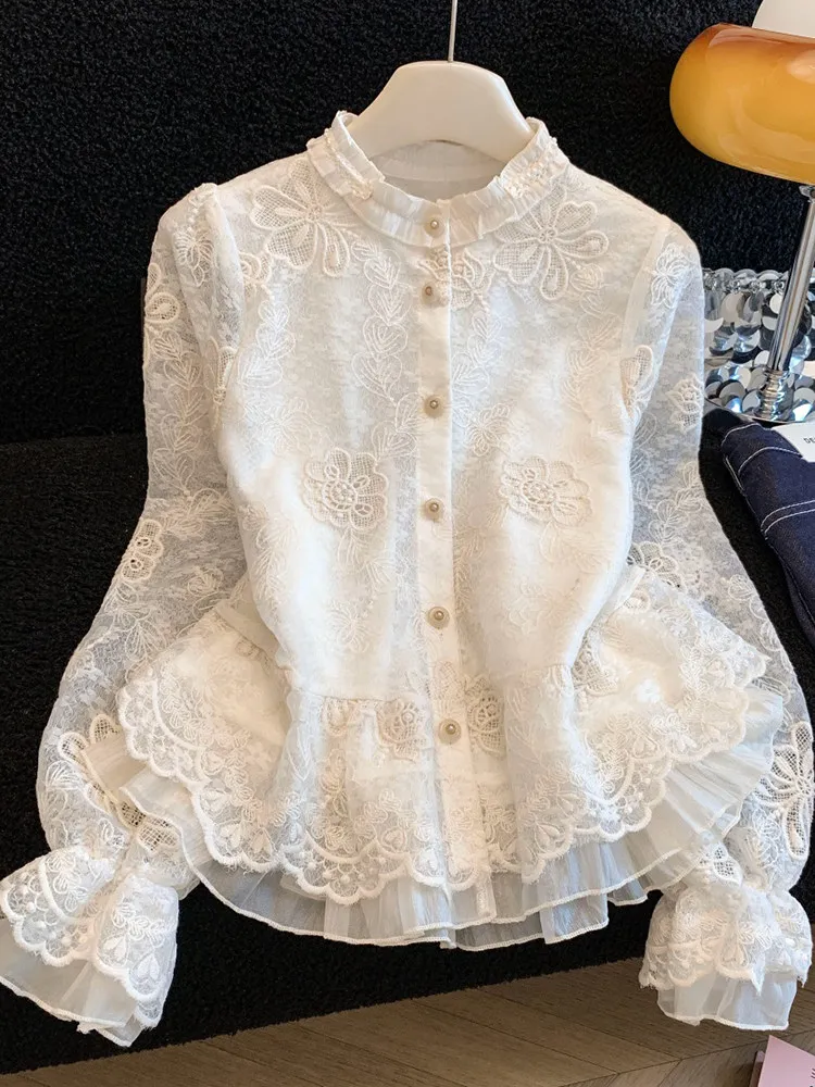 French Style Embroidered Lace Shirt Women's Long Sleeve Early Spring Heavy Work Lace Self-Preserved Collar Button up Top
French Style Embroidered Lace Shirt Women's Long Sleeve Early Spring Heavy Work Lace Self-Preserved Collar Button up Top