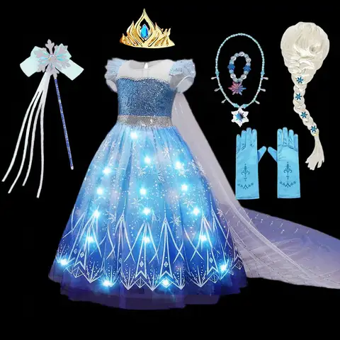 Disney Mädchen Elsa Rollenspiel Kleid Leuchtendes Kind Halloween Frozen Karneval Bekleidung Mädchen Geburtstag Cosplay Prinzessin Leuchtendes Kleid