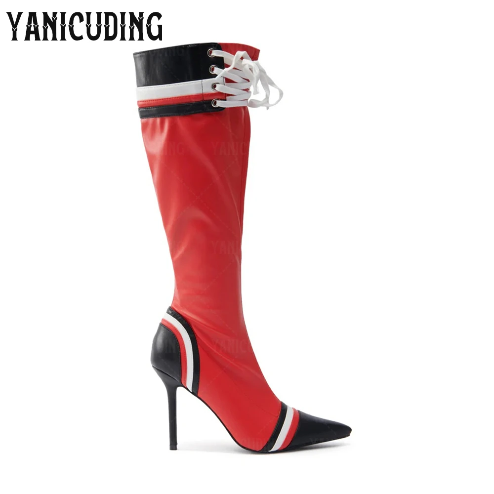 Sporty Style Pointed Knee Boots Black White Red Lace up Slight Stretch Stiletto Boots Novelty Style Handmade Women's Knee Boots
Sporty Style Pointed Knee Boots Black White Red Lace up Slight Stretch Stiletto Boots Novelty Style Handmade Women's Knee Boots