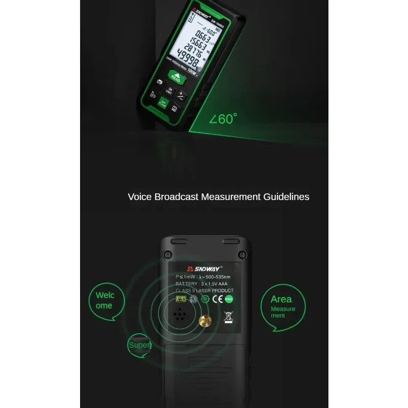 SW-100G Indoor and outdoor Distance measuring equipment High precision green Laser rangefinder Measuring room Bluetooth e
SW-100G Indoor and outdoor Distance measuring equipment High precision green Laser rangefinder Measuring room Bluetooth e