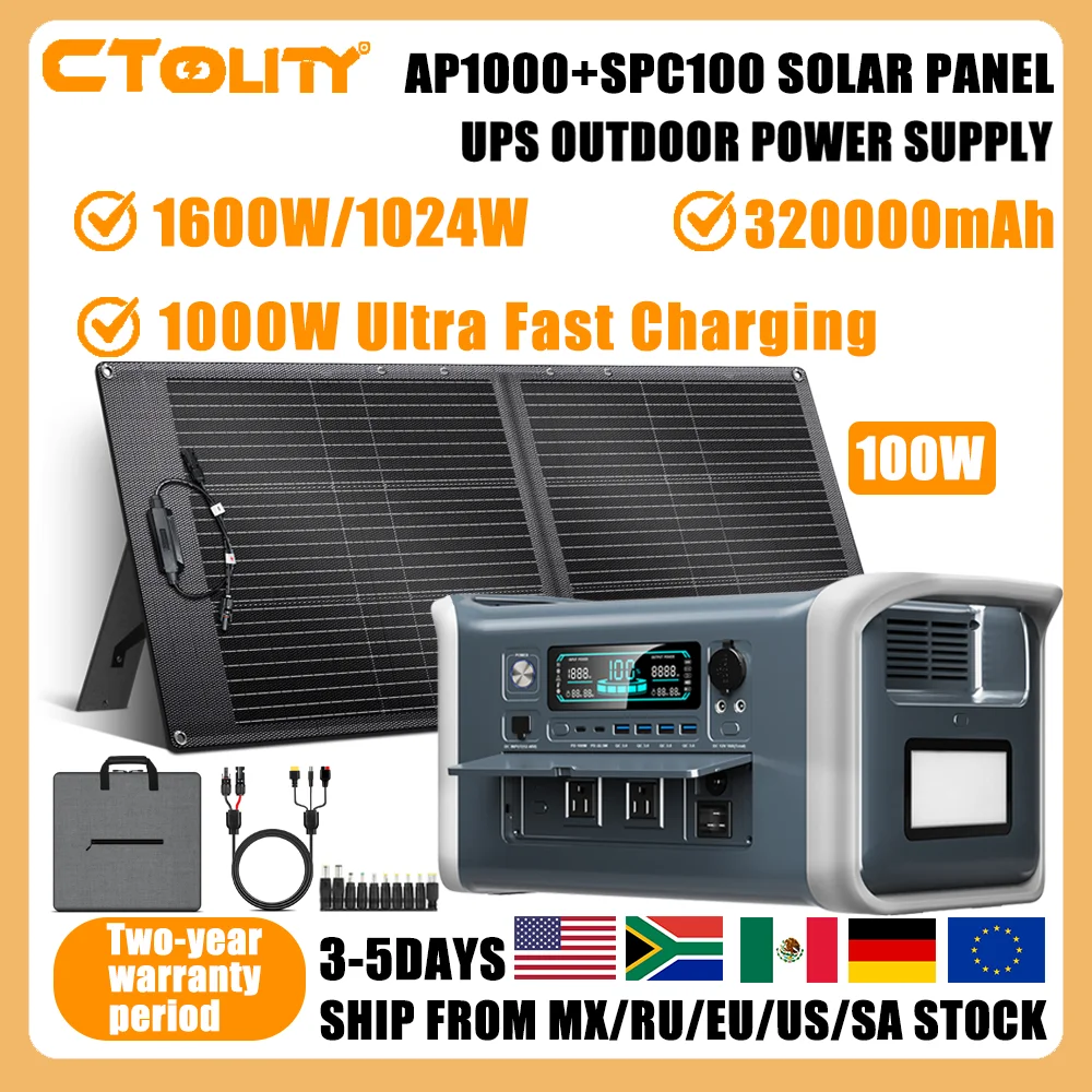 CTOLITY AP1000 SPC100 Portable Solar Generator 100W Solar Panel 1600W 1024Wh Lifepo4 Battery Power Station emergency Supply
CTOLITY AP1000 SPC100 Portable Solar Generator 100W Solar Panel 1600W 1024Wh Lifepo4 Battery Power Station emergency Supply