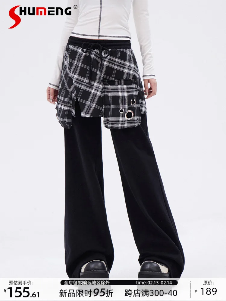 Fashion Streetwear Cool Fake Two-piece Sweatpants Plaid Splicing Elastic High Waist Lace-up Loose Casual Trousers Women Spring
Fashion Streetwear Cool Fake Two-piece Sweatpants Plaid Splicing Elastic High Waist Lace-up Loose Casual Trousers Women Spring