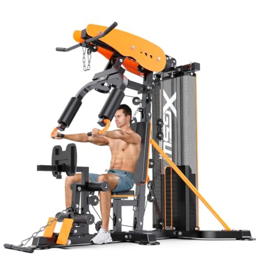 Home gym workout station for full-body training, steel construction, black finish, pulley system with arm and leg trainer
Home gym workout station for full-body training, steel construction, black finish, pulley system with arm and leg trainer