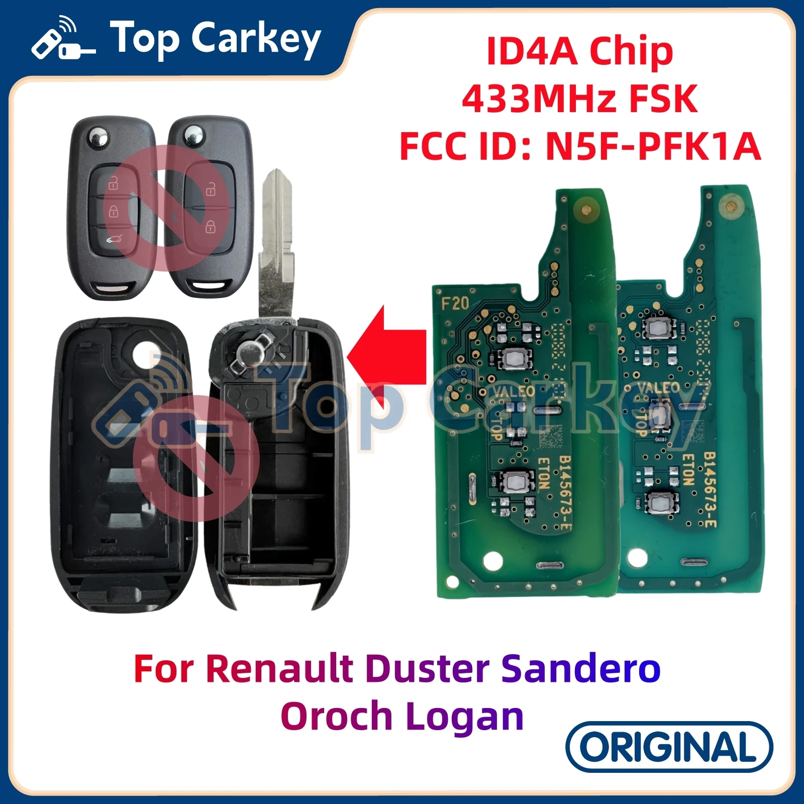 TopCarkey N5F-PFK1A Flip Remote Key OEM PCB Board ID4A Chip 433MHz for Renault Duster Sandero Oroch Logan
TopCarkey N5F-PFK1A Flip Remote Key OEM PCB Board ID4A Chip 433MHz for Renault Duster Sandero Oroch Logan