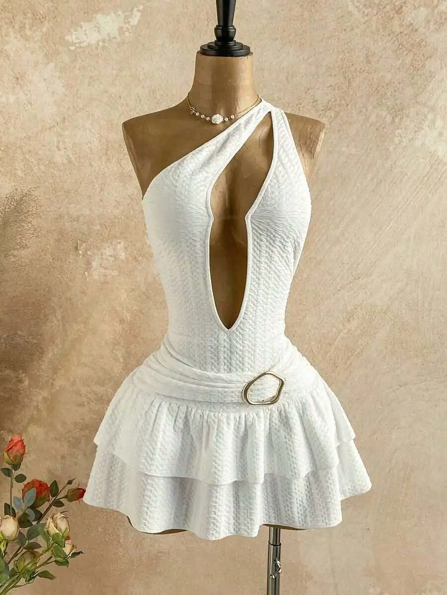 White One Shoulder Deep V-Neck Hollow Out Ruffle Hem Mini Dress For Party Beach Vacation
White One Shoulder Deep V-Neck Hollow Out Ruffle Hem Mini Dress For Party Beach Vacation