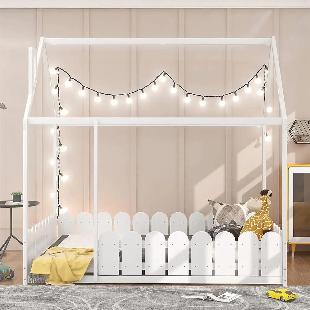 Full Size Kids' Wooden House Bed with Arched Rails and Floor Tent
Full Size Kids' Wooden House Bed with Arched Rails and Floor Tent