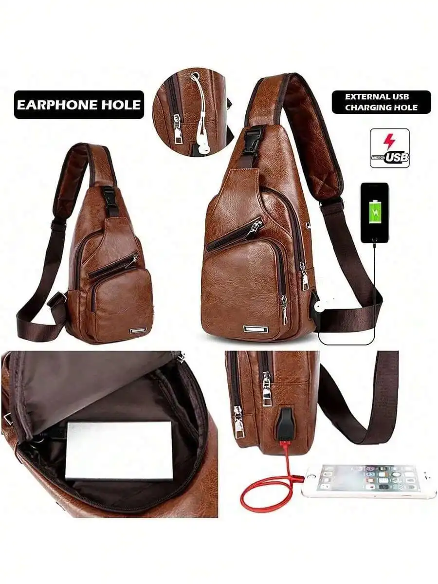 Mens PU Leather Sling Bag With USB Charging Port And Earphone Hole
Mens PU Leather Sling Bag With USB Charging Port And Earphone Hole