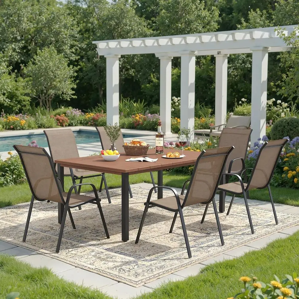63 Walnut Outdoor Dining Set with Stackable Brown Textilene Chairs and Umbrella Hole
63 Walnut Outdoor Dining Set with Stackable Brown Textilene Chairs and Umbrella Hole