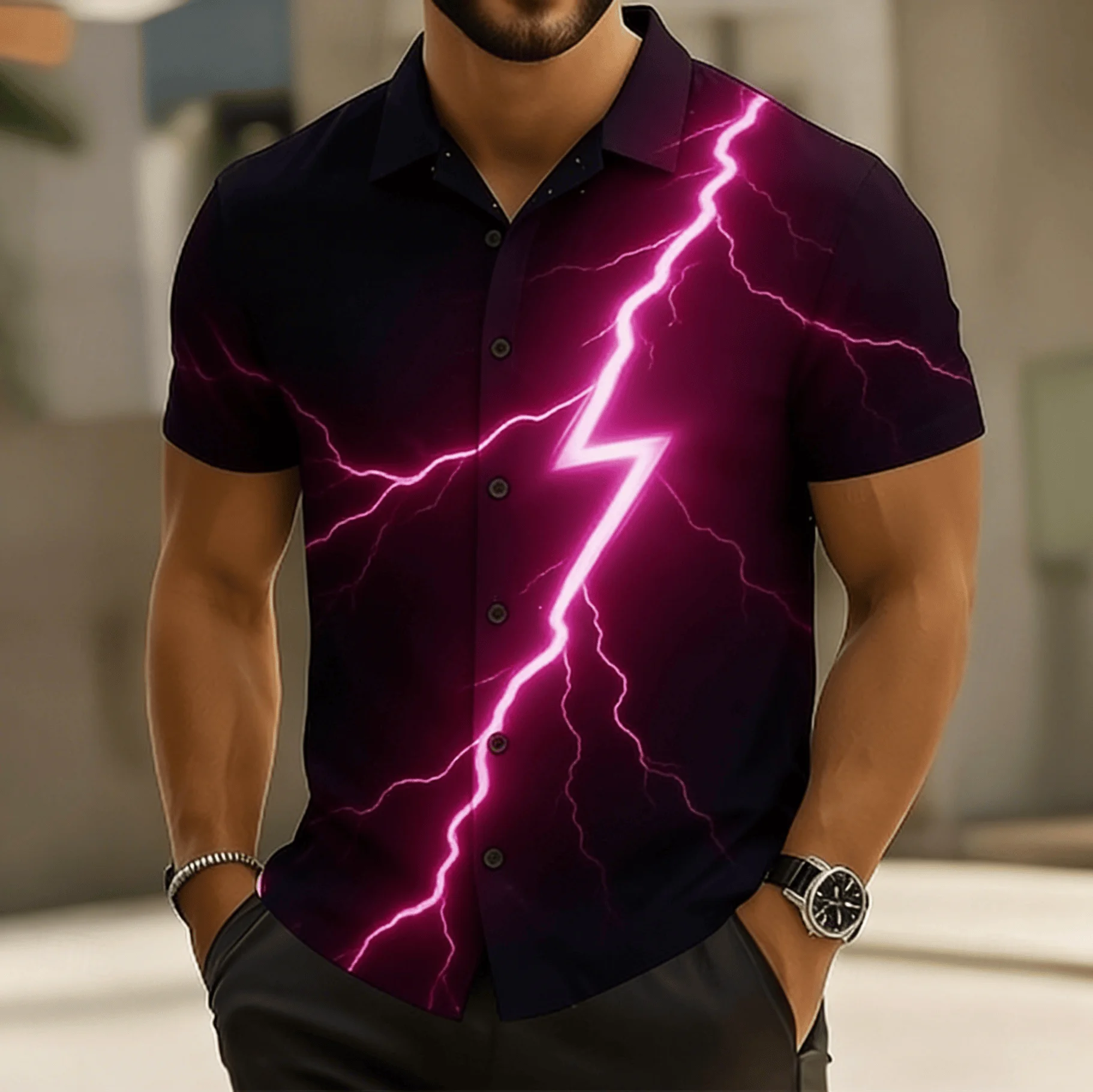 Men's Black Streamline Print Short Sleeve Shirt, Spring Summer Cyber Tech Blouse, Loose Casual Top
Men's Black Streamline Print Short Sleeve Shirt, Spring Summer Cyber Tech Blouse, Loose Casual Top