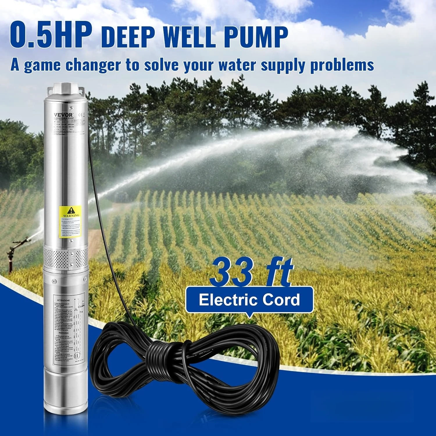 Deep Well Submersible Pump, 0.5HP 230V/60Hz, 28gpm 167ft Head, with 33ft Electric Cord, 4" Stainless Steel Water Pumps
Deep Well Submersible Pump, 0.5HP 230V/60Hz, 28gpm 167ft Head, with 33ft Electric Cord, 4" Stainless Steel Water Pumps