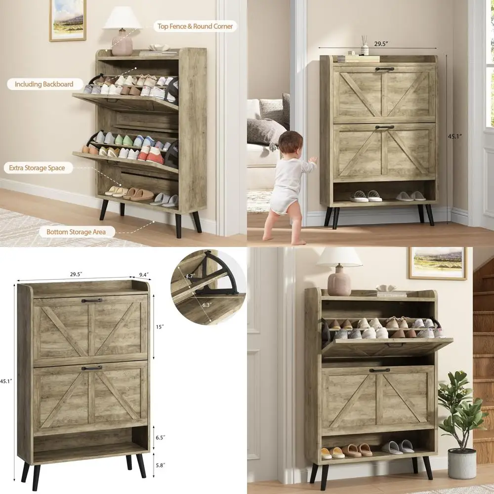 Large Rustic Oak Shoe Storage Cabinet with 2 Flip Drawers for Entryway and Slim Design
Large Rustic Oak Shoe Storage Cabinet with 2 Flip Drawers for Entryway and Slim Design