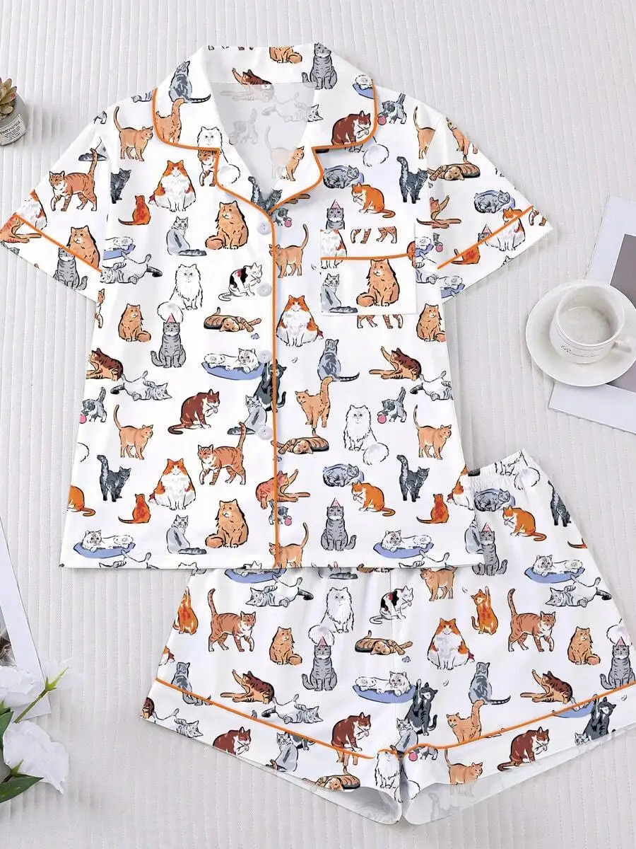 2-Piece Womens Pajama Set Short Sleeve Turn-Down Collar With Cat Print Soft Comfortable Sleepwear
2-Piece Womens Pajama Set Short Sleeve Turn-Down Collar With Cat Print Soft Comfortable Sleepwear