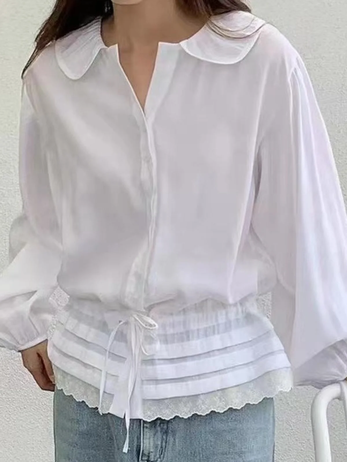 Ele Korean Sle White irt Women's Faion Dstring Tie Waist Ruffle Hem Bubble Sve Doll Collar Charming Top
Ele Korean Sle White irt Women's Faion Dstring Tie Waist Ruffle Hem Bubble Sve Doll Collar Charming Top