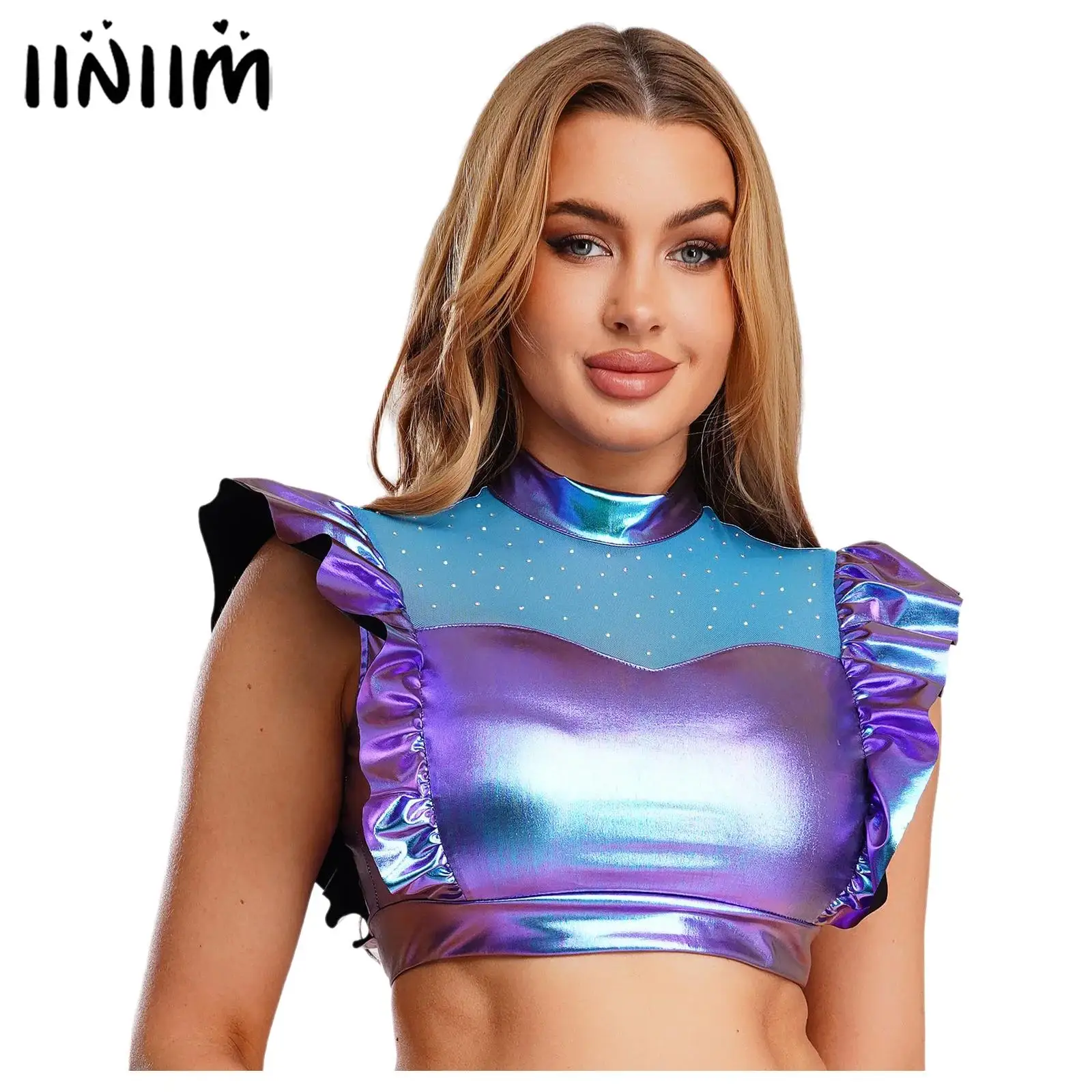 Womens Metallic Shiny Cropped Top Front Sheer Mesh with Rhinestones Ruffled Trim Back Keyhole Mock Neck Tank Top Rave Clubwear
Womens Metallic Shiny Cropped Top Front Sheer Mesh with Rhinestones Ruffled Trim Back Keyhole Mock Neck Tank Top Rave Clubwear