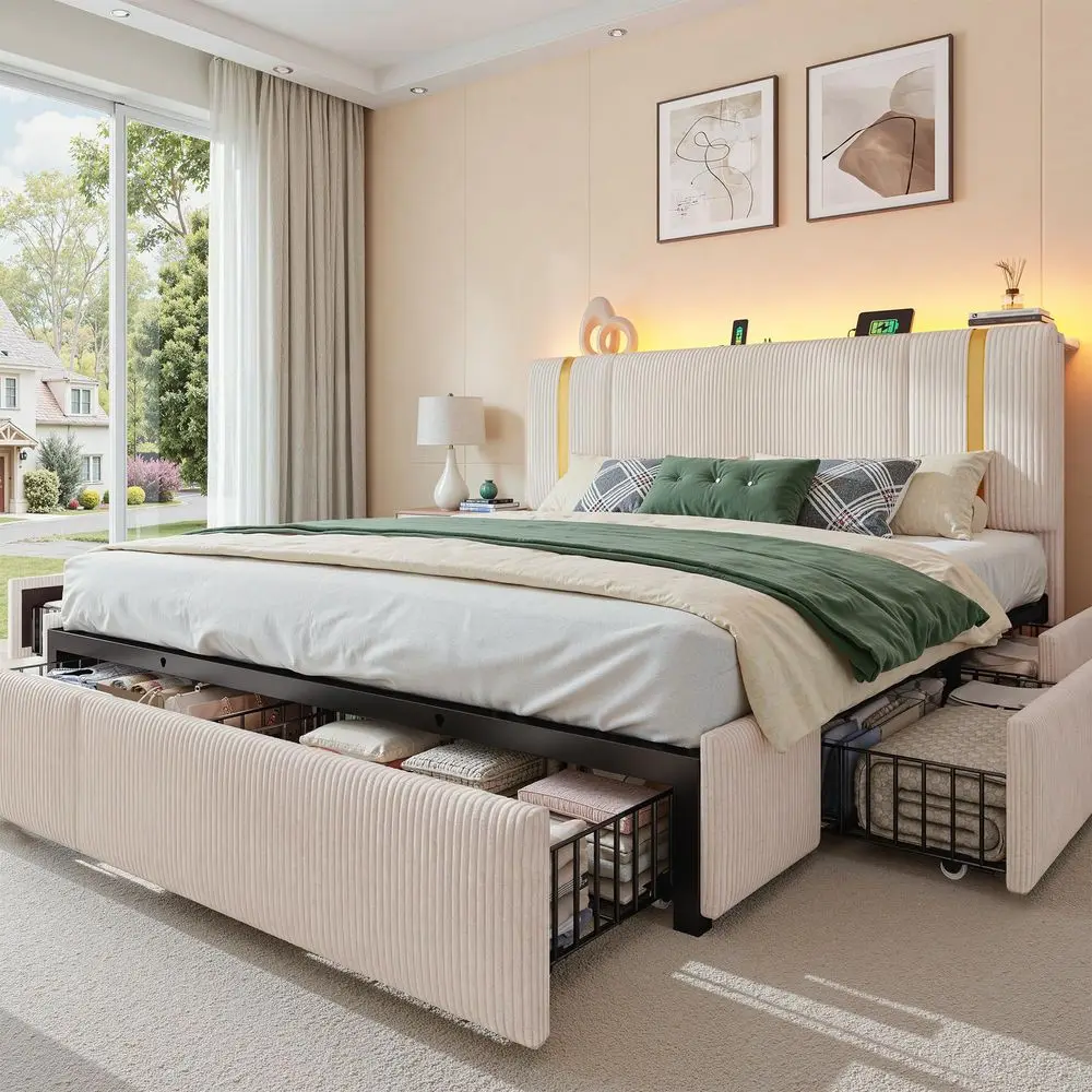 King Size Bed Frame with 6 Storage Drawers, Soft holstered Bed Frame King with Adjustable Tall Corduroy Headboard, LED Light
King Size Bed Frame with 6 Storage Drawers, Soft holstered Bed Frame King with Adjustable Tall Corduroy Headboard, LED Light