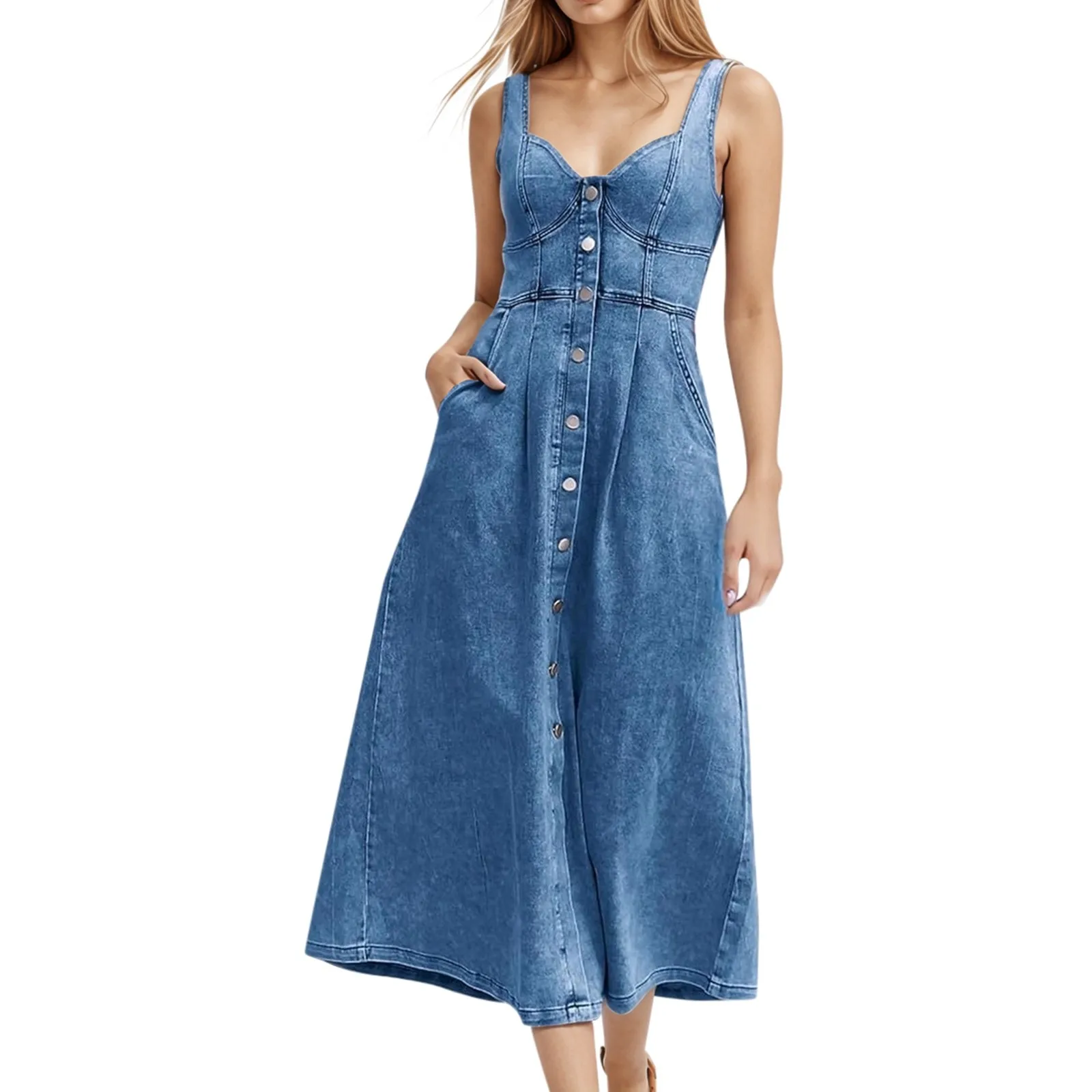 2025 Summer Women'S Sleeveless Midi Denim Dress Button Down Swing Jean Dress Vintage Harajuku Female A Line Long Strap Dress
2025 Summer Women'S Sleeveless Midi Denim Dress Button Down Swing Jean Dress Vintage Harajuku Female A Line Long Strap Dress