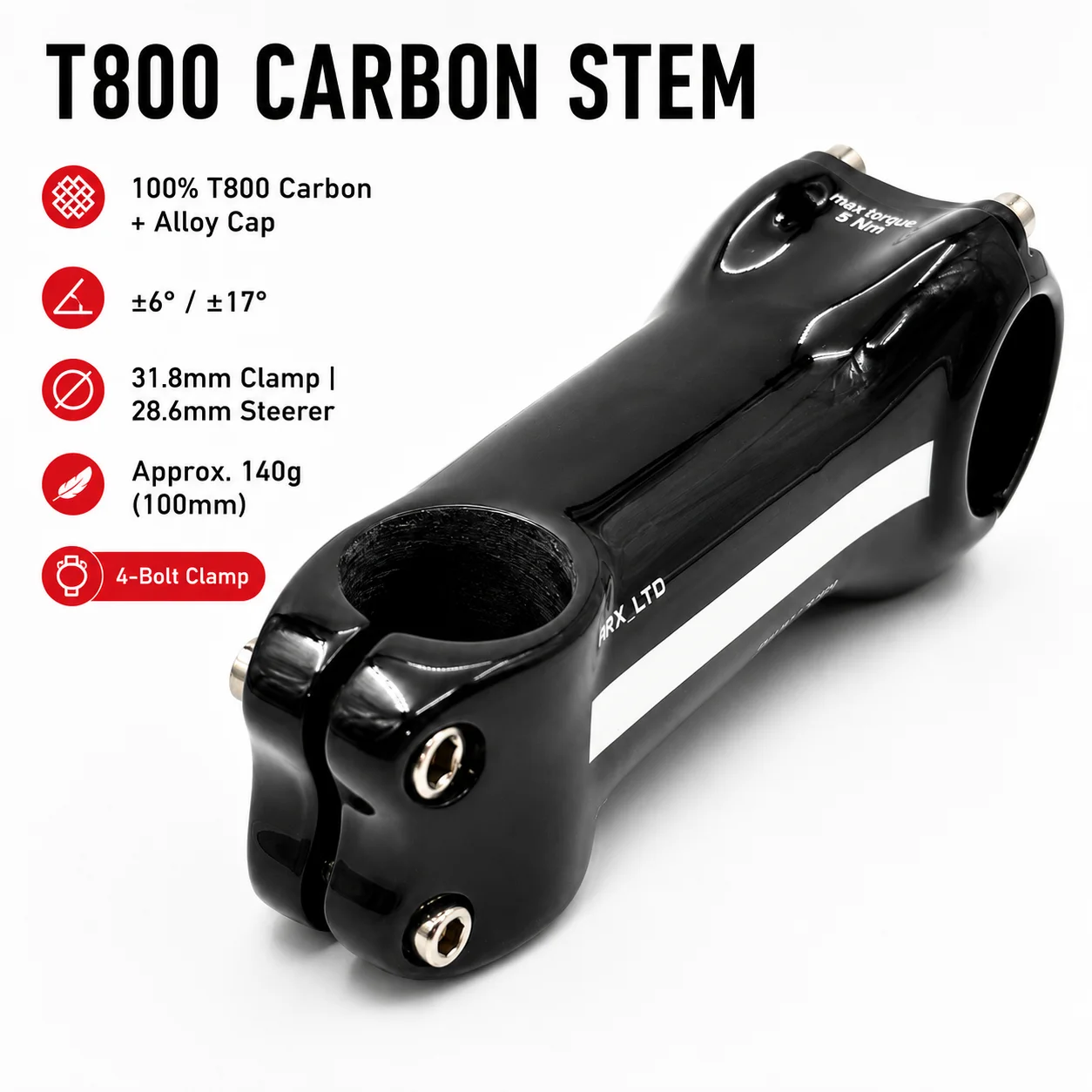 T800 Carbon MTB Road Bike Stem 31.8mm Clamp 28.6mm Steerer 6° 17° Angle Carbon Fiber Bicycle Handlebar Stem 60-120mm
T800 Carbon MTB Road Bike Stem 31.8mm Clamp 28.6mm Steerer 6° 17° Angle Carbon Fiber Bicycle Handlebar Stem 60-120mm
