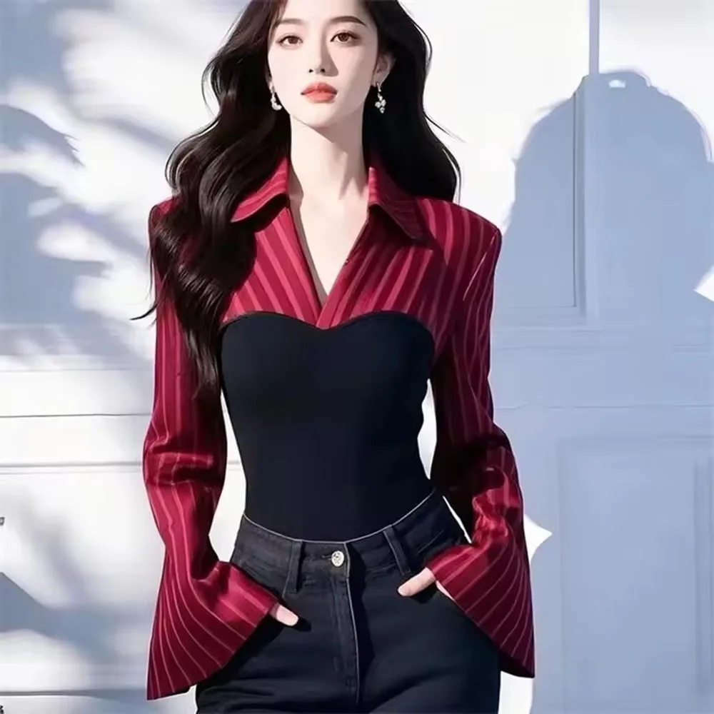 2025 Spring Summer New Striped Patchwork Shirt Unique Beautiful Flared Sleeves Professional Fake Two-Piece Shirt Women Blouse
2025 Spring Summer New Striped Patchwork Shirt Unique Beautiful Flared Sleeves Professional Fake Two-Piece Shirt Women Blouse