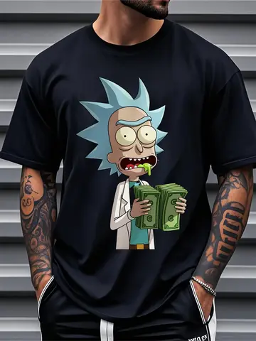 Men's Rick and Morty Graphic Cotton T-Shirt Black Relaxed Fit Crew Neck Short Sleeve Tee with Cartoon Print for Gym