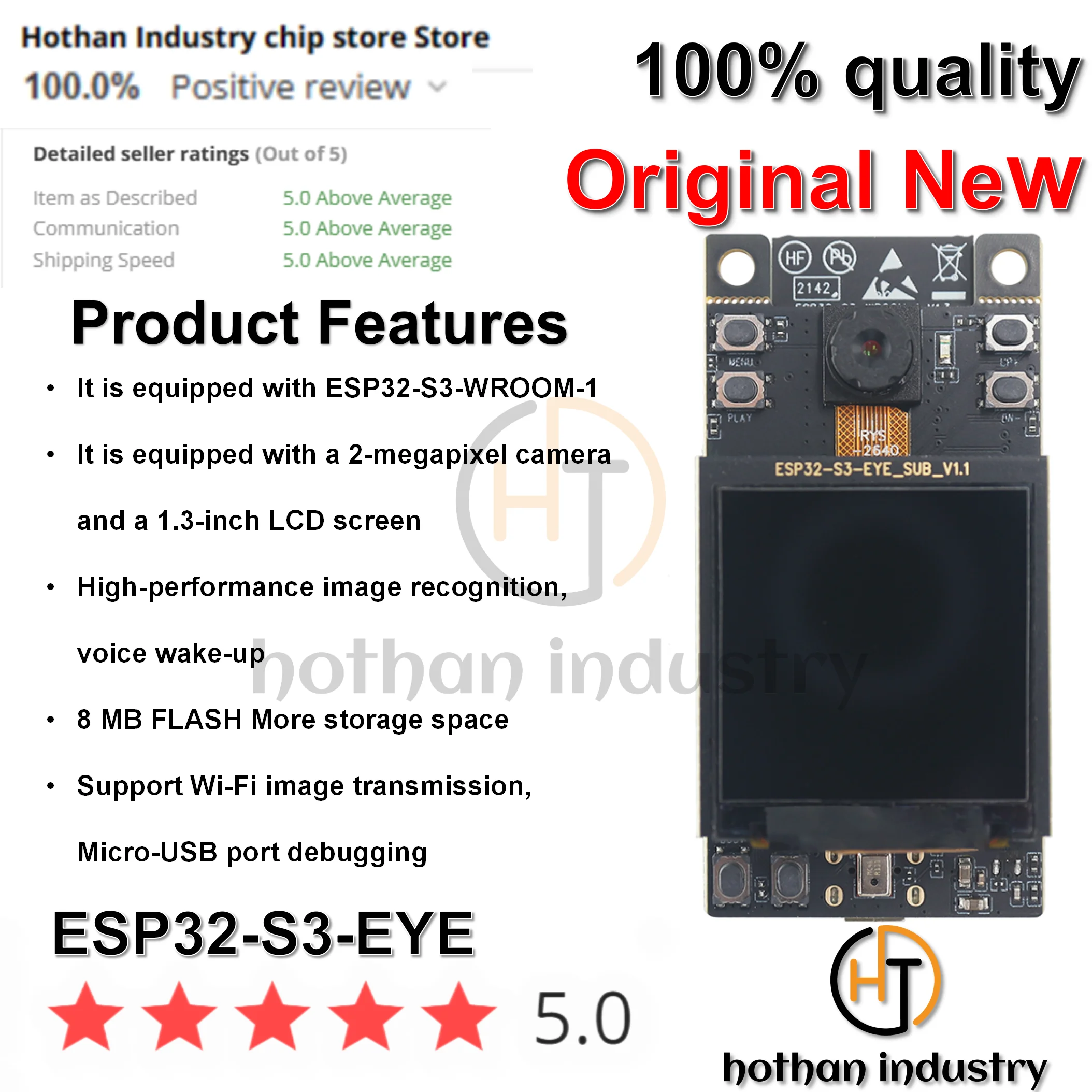 (1PCS) 100% NEW ESP32-S3-EYE 8 MB Flash + 8 MB PSRAM ESP32-S3-WROOM-1 Wi-Fi video transmission and USB port debugging
(1PCS) 100% NEW ESP32-S3-EYE 8 MB Flash + 8 MB PSRAM ESP32-S3-WROOM-1 Wi-Fi video transmission and USB port debugging