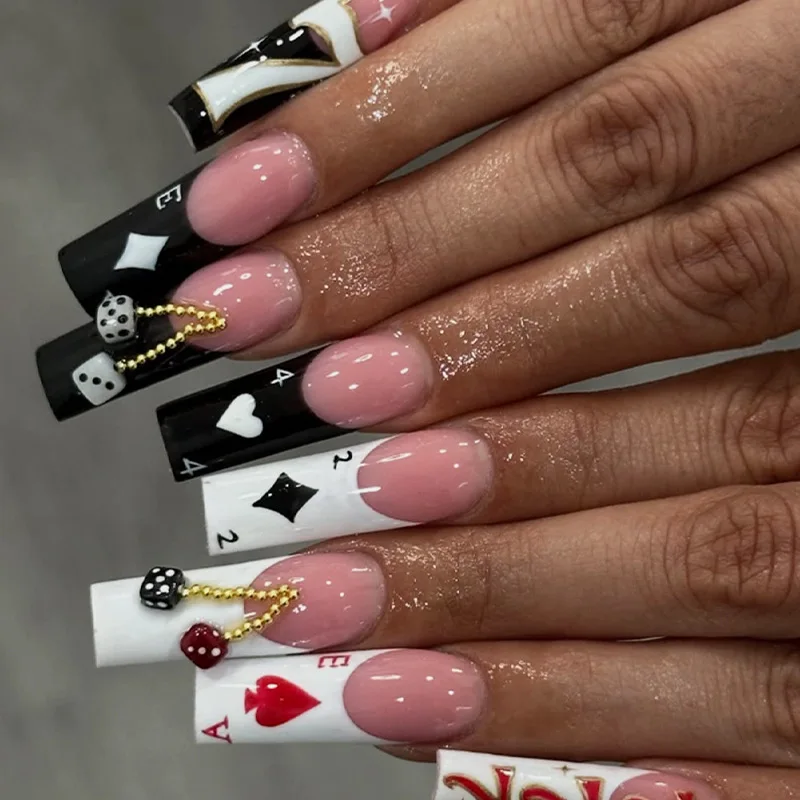 24Pcs Extra Long Coffin Press On Nails, Nude Pink with Black & White Poker Print & 3D Dice Fake Nails
24Pcs Extra Long Coffin Press On Nails, Nude Pink with Black & White Poker Print & 3D Dice Fake Nails