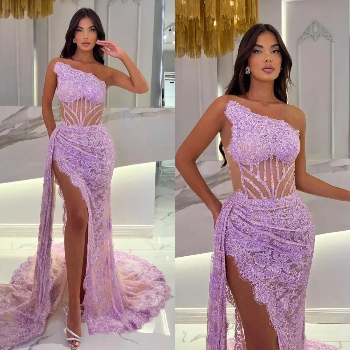 Sexy Sequins Lace Mermaid Prom Dresses Illusion Bone Bodice Strapless Party Dresses Side Slit Customized Evening Dress
Sexy Sequins Lace Mermaid Prom Dresses Illusion Bone Bodice Strapless Party Dresses Side Slit Customized Evening Dress