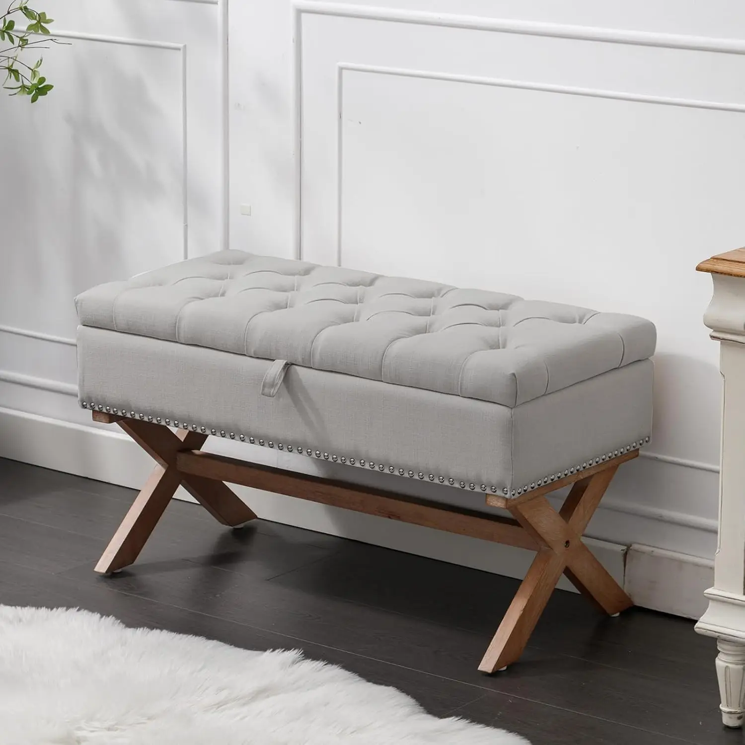 36' Tufted Storage Bench, French Vintage Linen Ottoman with X-Shaped Legs, Gray for Bedroom, Dining Room, Living Room, Entryway
36' Tufted Storage Bench, French Vintage Linen Ottoman with X-Shaped Legs, Gray for Bedroom, Dining Room, Living Room, Entryway