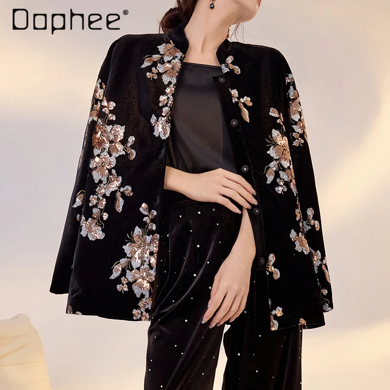 New Chinese Style Black Fashion High-end Heavy Sequin Flower Embroidery Elegant Coat Women Hepburn Style Socialite Velvet Coat
New Chinese Style Black Fashion High-end Heavy Sequin Flower Embroidery Elegant Coat Women Hepburn Style Socialite Velvet Coat