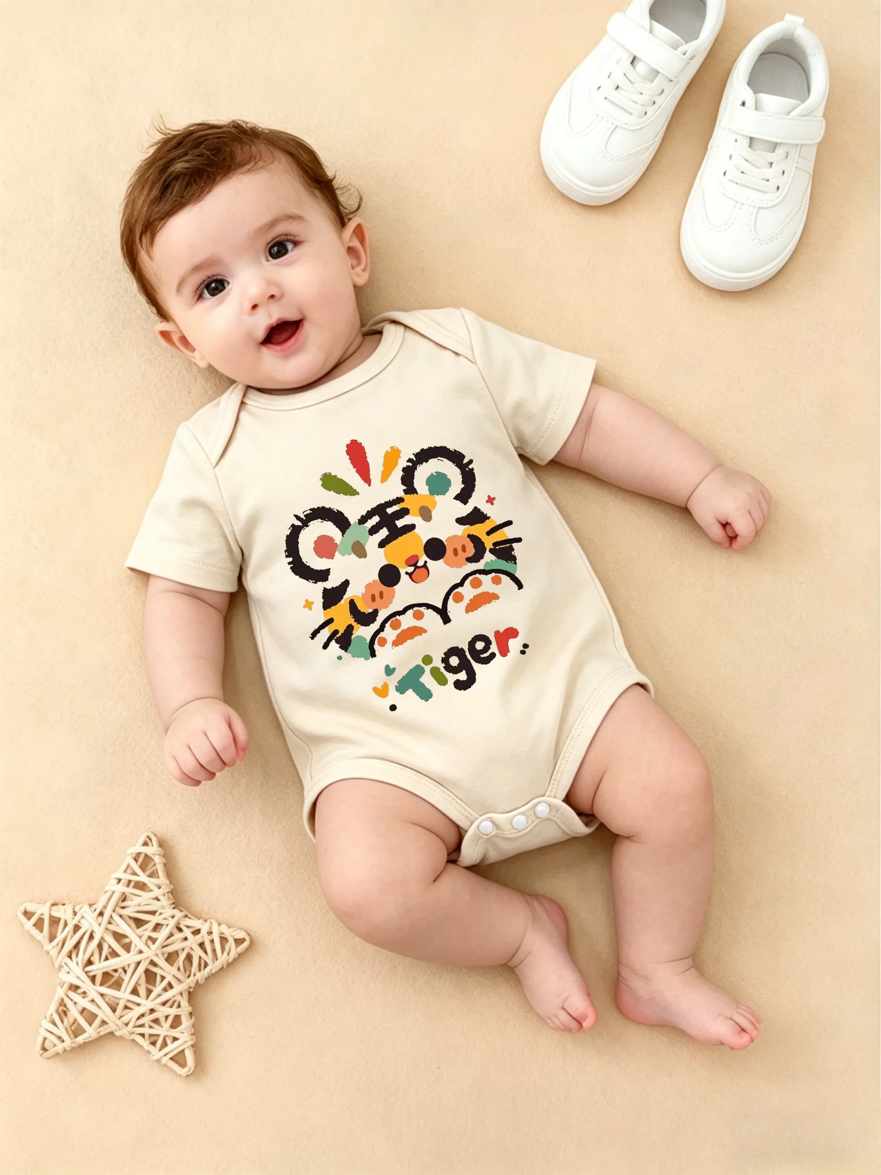Cute Graffiti Tiger Print Baby Short Sleeve Bodysuit, Beige Color Fun Infant Triangle Romper
Cute Graffiti Tiger Print Baby Short Sleeve Bodysuit, Beige Color Fun Infant Triangle Romper