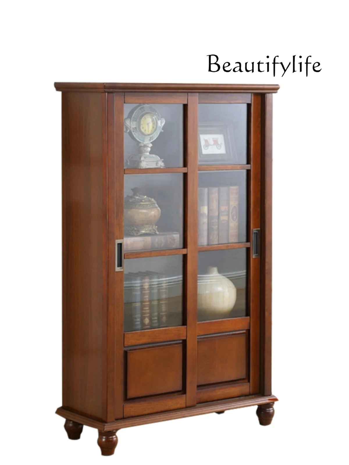 American solid wood bookcase with glass door, living room dust storage display designer style high sense
American solid wood bookcase with glass door, living room dust storage display designer style high sense