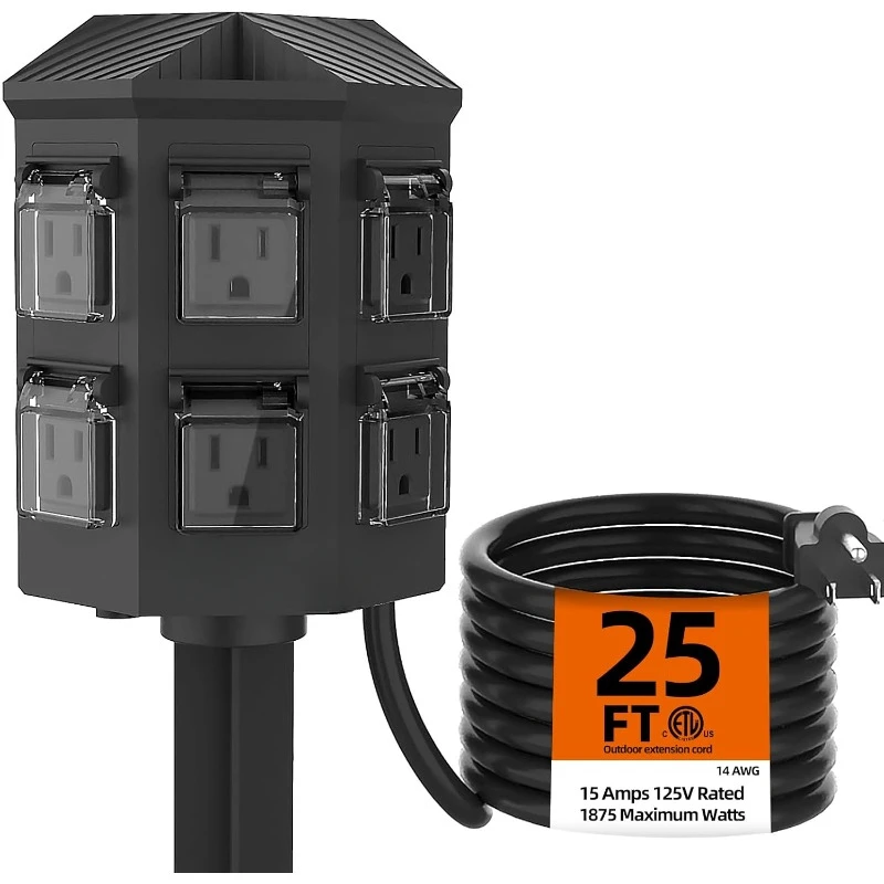 Outdoor Power Strip Weatherproof,25 FT Extension Cord with Stake,6 Grounded Weatherproof Outlets for Lights,15A/1875W,ETL Listed
Outdoor Power Strip Weatherproof,25 FT Extension Cord with Stake,6 Grounded Weatherproof Outlets for Lights,15A/1875W,ETL Listed