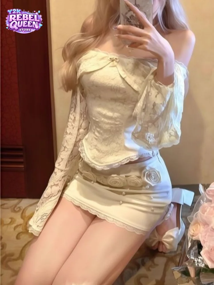 French Elegant Sexy 2-Piece Set Women Flare Sleeve Off-Shoulder Lace Top + High Waist Skirt Fashion Harajuku Chic Party Outfits
French Elegant Sexy 2-Piece Set Women Flare Sleeve Off-Shoulder Lace Top + High Waist Skirt Fashion Harajuku Chic Party Outfits