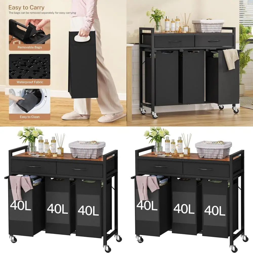 3-Section 120L Rolling Hamper with Drawers and Removable Fabric Bags for Laundry Organization
3-Section 120L Rolling Hamper with Drawers and Removable Fabric Bags for Laundry Organization