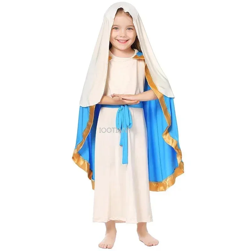 Girl Virgin Mary Gown Costume Biblical Saint Outfit Shepherd Sleeveless Robe Shawl Cosplay Carnival Halloween Fancy Party Dress
Girl Virgin Mary Gown Costume Biblical Saint Outfit Shepherd Sleeveless Robe Shawl Cosplay Carnival Halloween Fancy Party Dress