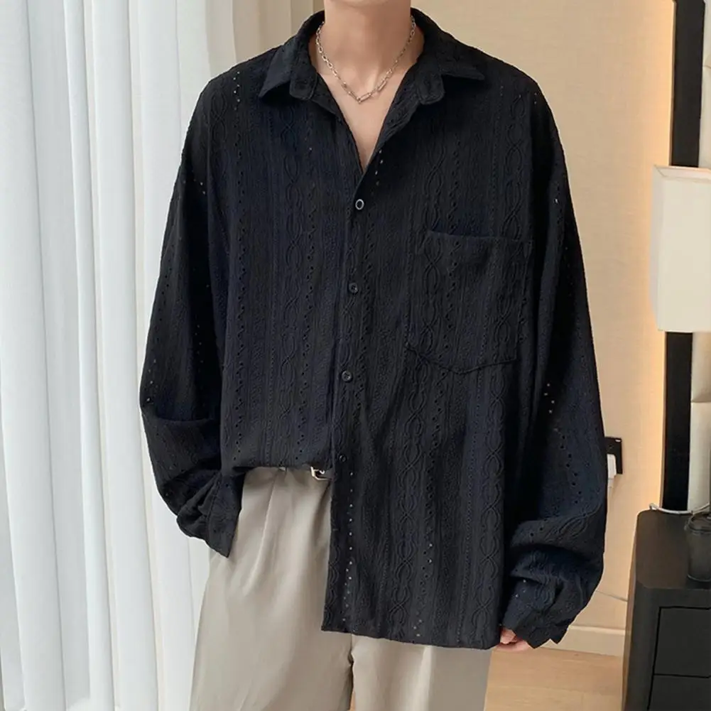 Summer Spring Men Shirt Hollow Out Turn-down Collar Single-breasted Loose Solid Color Long Sleeves Chest Pocket Retro Hip Hop To
Summer Spring Men Shirt Hollow Out Turn-down Collar Single-breasted Loose Solid Color Long Sleeves Chest Pocket Retro Hip Hop To