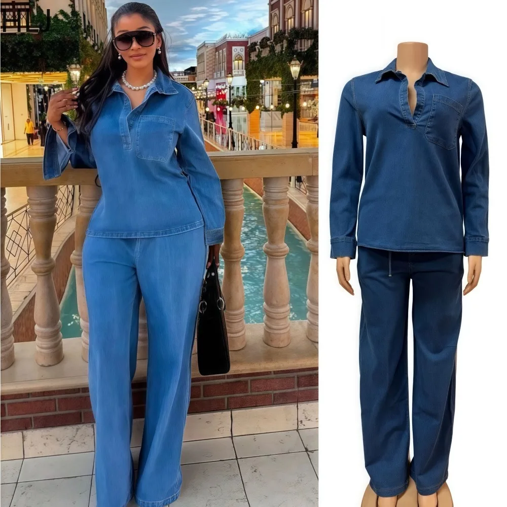 HLJ Autumn New Fashion Denim Woman 2 Piece Set Outfit Solid Long Sleeve Top + Straight Leg Pants Female Streetwear Clothing
HLJ Autumn New Fashion Denim Woman 2 Piece Set Outfit Solid Long Sleeve Top + Straight Leg Pants Female Streetwear Clothing