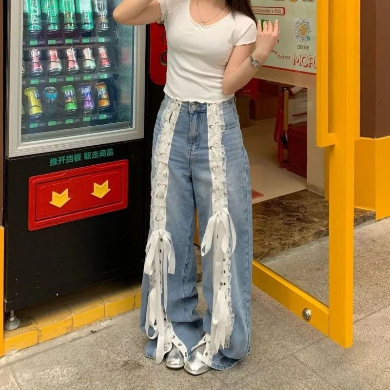 American design heavy industry lace-up jeans Spice girl splicing casual trousers
American design heavy industry lace-up jeans Spice girl splicing casual trousers