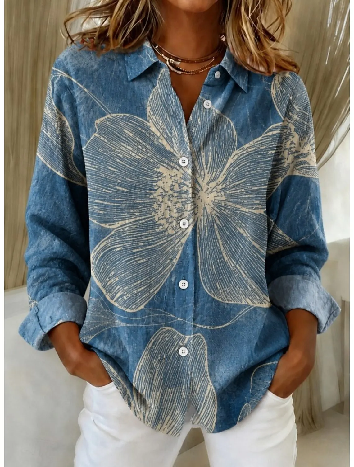 Women's Spring Summer Vintage Blue Large Floral Print Lapel Shirt, Retro Loose Button Front Casual Vacation Blouse
Women's Spring Summer Vintage Blue Large Floral Print Lapel Shirt, Retro Loose Button Front Casual Vacation Blouse