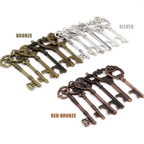 6pcs/set Mix Kit Old Looking Retro Vintage Key Antique Brass Bronze Silver Decorative Steampunk Charms Pendant Jewelry Making D
